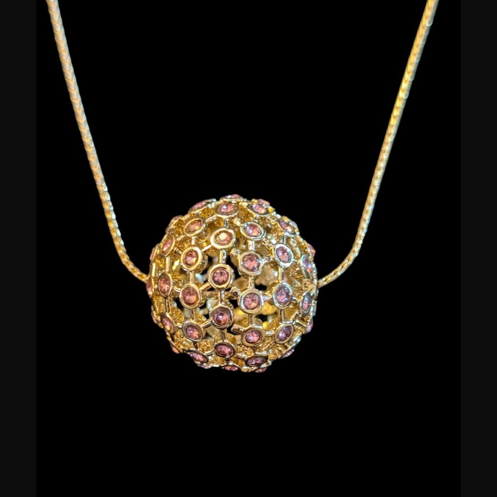 RJ Graziano Gold Tone Open Pattern Pink Crystal Ball Necklace